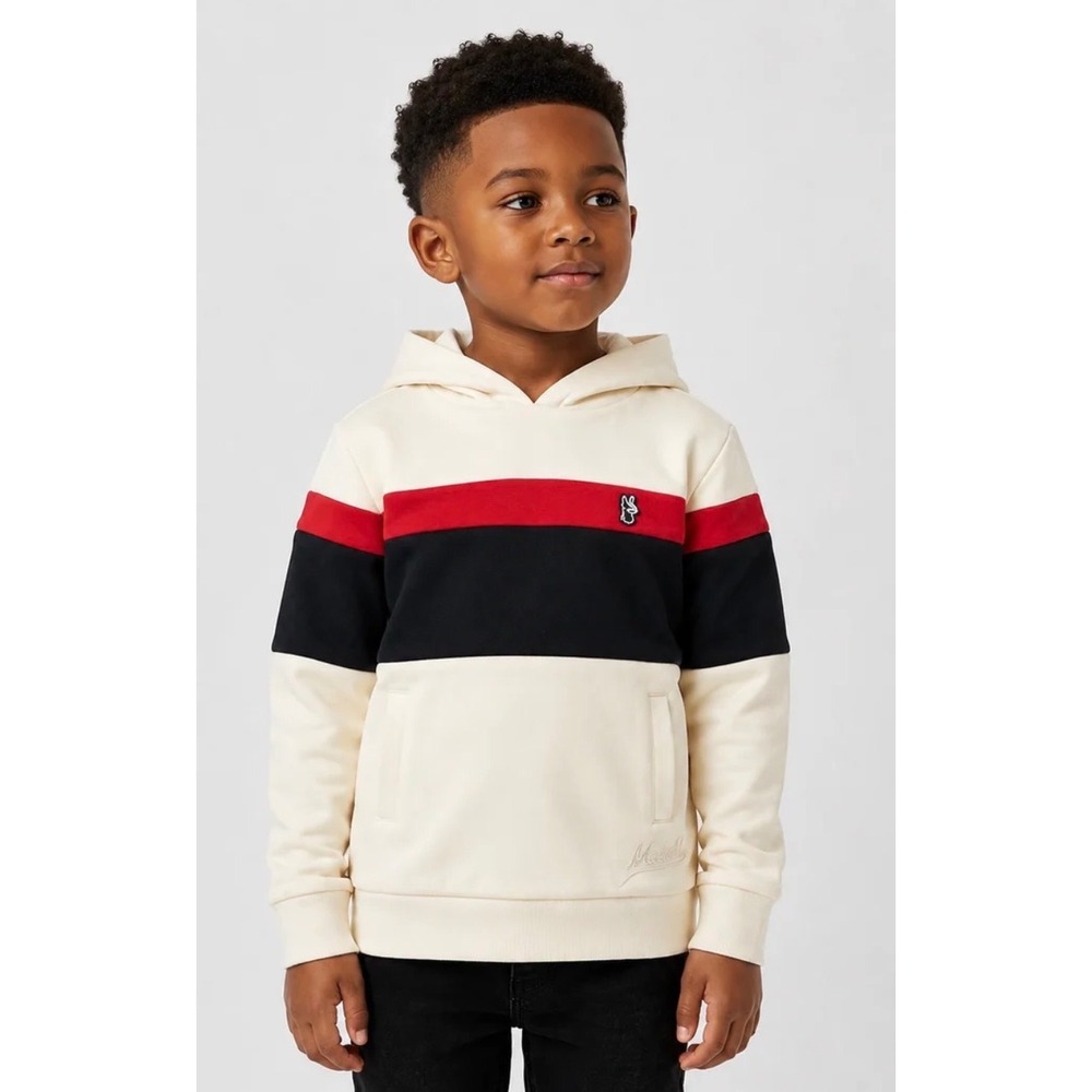 Makobi Boys Colorblock Hoodie Cream Navy Red Textured Pullover Size L 14/16